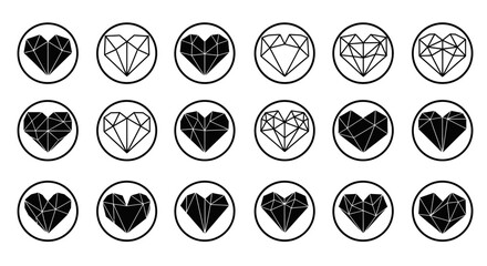 Modern geometric heart icons set for branding and design projects, offering unique visual appeal and versatile applications for love and care themes.