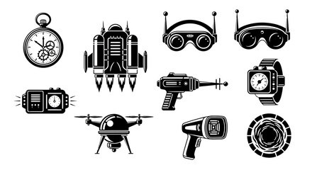 Retro futuristic technology icons including pocket watch, rocket pack, VR goggles, ray gun, drone, and sci-fi devices