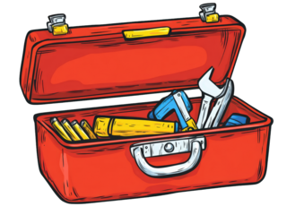 A vibrant red toolbox filled with various tools, showcasing the essential equipment for repairs, maintenance, and diy projects, isolated on a transparent background
