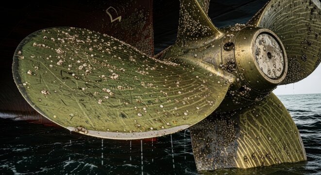 Close-up of barnacle-covered ship propeller in ocean