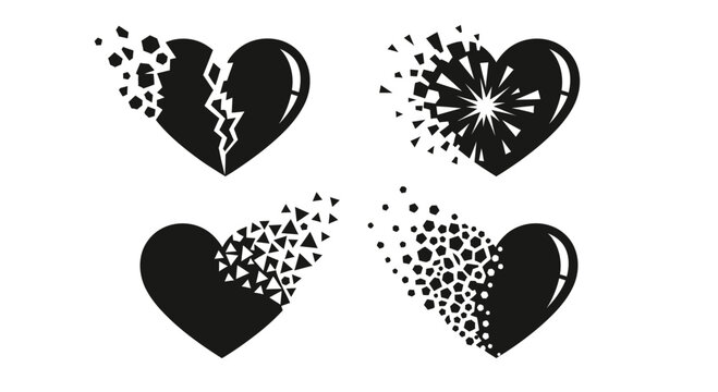 Dynamic abstract heart designs symbolizing breakups, loss, or transformation in a modern, graphic style perfect for emotional storytelling.