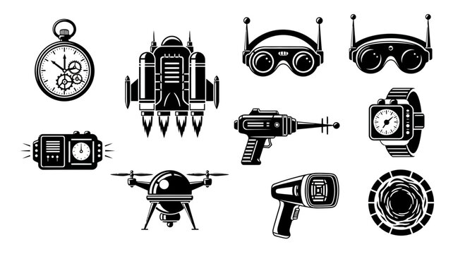 Retro futuristic technology icons including pocket watch, rocket pack, VR goggles, ray gun, drone, and sci-fi devices
