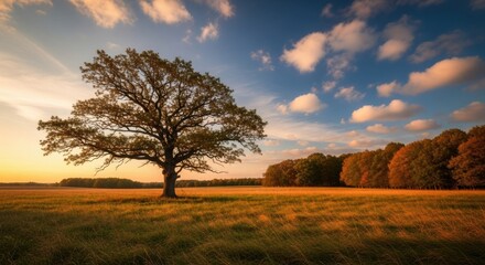 Obraz premium Majestic oak tree in golden field during autumn sunset with vibrant colors and lush landscape