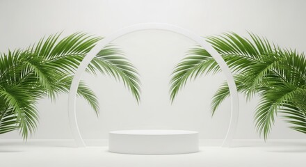 Obraz premium Minimalist white podium tropical palm leaves