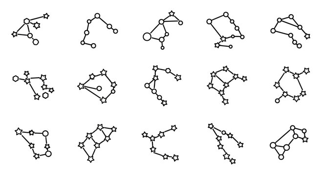 Dazzling collection of celestial constellation icons representing zodiac signs and star patterns perfect for cosmic themes and astrological insights
