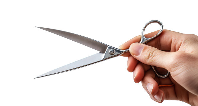 Hand holding scissors isolated on transparent background, showcasing its sharp blades and ergonomic design for precise cutting in various crafting and professional applications