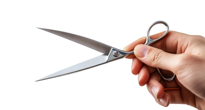Hand holding scissors isolated on transparent background, showcasing its sharp blades and ergonomic design for precise cutting in various crafting and professional applications