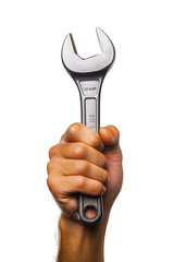 A hand confidently holds a silver adjustable wrench, symbolizing precision and control, isolated on transparent background, highlighting its mechanical utility