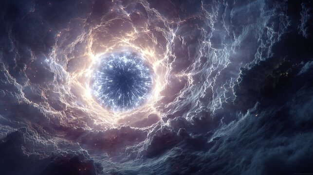 Circular energy pulse radiates outward in a dark void, glowing with vibrant light and dynamic waves, symbolizing power, force, and motion in an abstract cosmic or sci-fi scene.