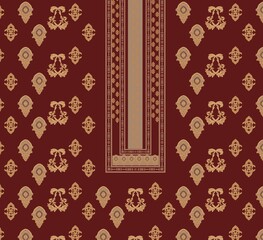 Detailed maroon fabric with gold patterns and central neck design