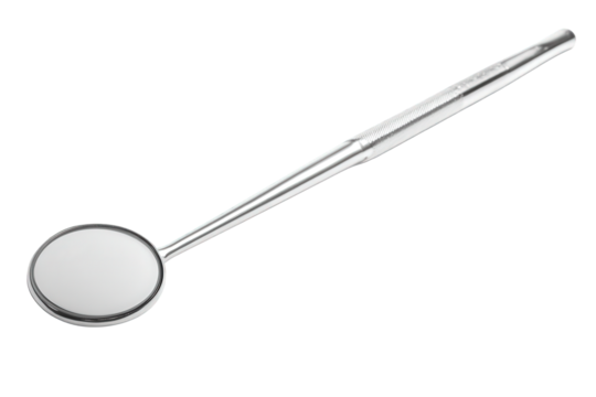 Dental mirror isolated on transparent background, a tool used by dentists to provide indirect vision, illuminate, and retract tissues during oral examinations and procedures