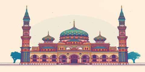 Majestic multicolored grand mosque with twin turquoise-domed minarets rising against a serene sky in vibrant, intricate hand-drawn architectural illustration masterpiece.