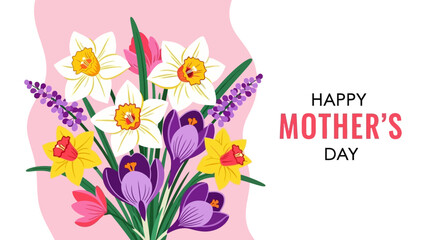 Happy Mother's Day Bouquet of Flowers with Daffodils, Crocuses and Tulips - Floral Greeting Card