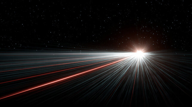 Dynamic hyperspace streaks converge with bright lens flare, creating a sense of speed, light travel, and futuristic motion.