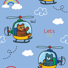 bear cartoon on the helicopter seamless pattern 