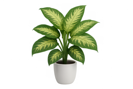 Dieffenbachia plant with large green and yellow decorative foliage in white pot creating natural home decor element