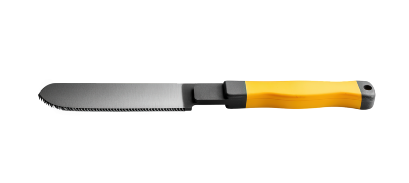 Closeup of a yellowhandled keyhole saw isolated on transparent background, showcasing its fine teeth and ergonomic design for precision cutting in tight spaces