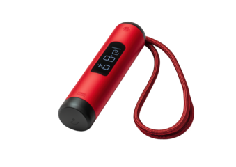 A red digital jump rope isolated on transparent background, displaying a clear reading on its screen, designed for fitness tracking and exercise routines