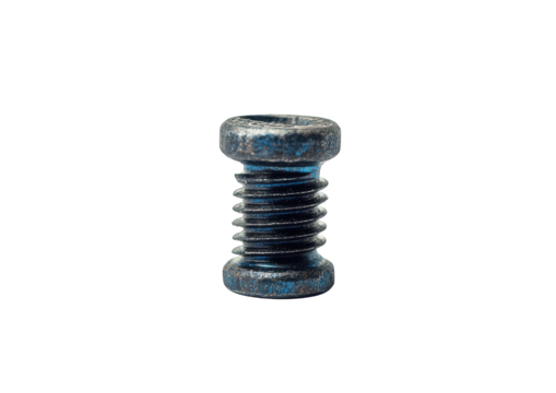 Closeup of a small black screw isolated on transparent background, showcasing its threads and head, essential for fastening components in various applications