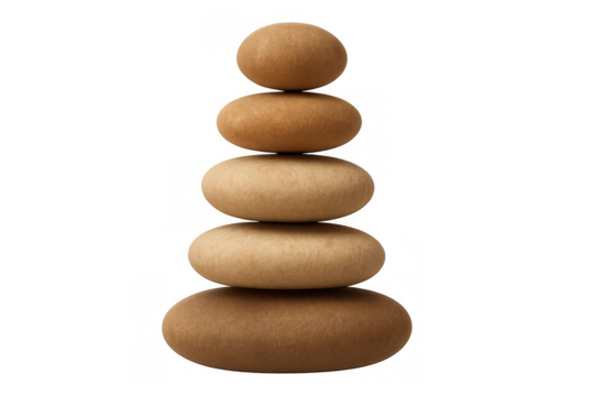 Stacked balancing zen stones creating harmony and tranquility on transparent background, symbolizing meditation and wellness