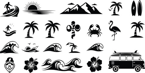 Fototapeta premium Beach and surf icons — tropical summer vector set with waves, palm trees, surfboards, van, sunset, crab, flamingo, and hibiscus