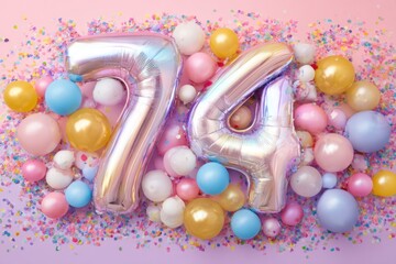 Festive Colorful Balloons and Number 74 for Celebration Event