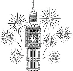 Big Ben London silhouette with fireworks, midnight celebration vector art, iconic Elizabeth Tower landmark, festive New Year&rsquo;s Eve concept, cultural heritage illustration