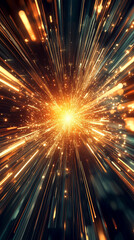 Fototapeta premium Dynamic hyperspace streaks converge with bright lens flare, creating a sense of speed, light travel, and futuristic motion. 