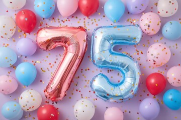 Colorful Celebration with 75 Balloons and Confetti Background