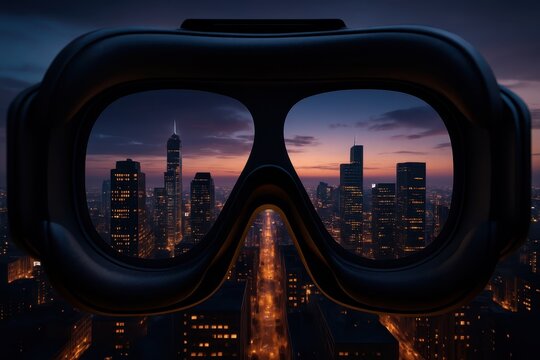 Virtual reality goggles overlooking futuristic cityscape at sunset