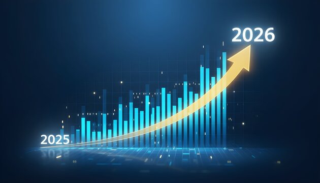A rising bar graph shows a positive financial trend from 2025 to 2026, indicating growth and success.