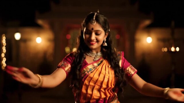 Smiling Young Woman in Traditional Sari Dancing with Graceful Hand Gestures Under Warm Lighting at Nighttime Cultural Celebration Event with Garland Decoration Background