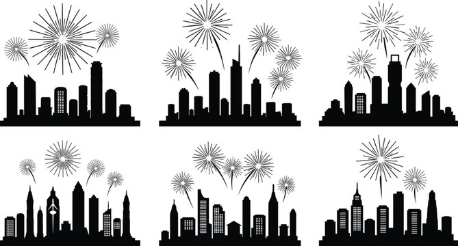 City skyline silhouettes with fireworks, urban celebration vector illustration set, holiday event artwork, New Year festival design, architectural graphic elements collection
