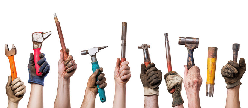 A diverse collection of tools held up by hands isolated on transparent background, symbolizing craftsmanship, construction, and the power of human skill and ingenuity