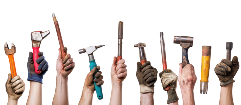 A diverse collection of tools held up by hands isolated on transparent background, symbolizing craftsmanship, construction, and the power of human skill and ingenuity - Powered by Adobe
