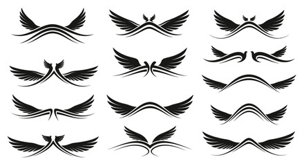 Elegant black wing emblems and abstract decorative flourishes create a sense of freedom, power, and aspiration for diverse design projects.