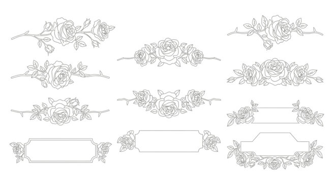 Elegant rose floral borders and decorative frames for invitations, stationery, and romantic designs, adding a touch of classic beauty