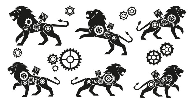 Powerful mechanical lions with intricate gears and pistons embody strength, innovation, and industrial might for dynamic branding and designs.