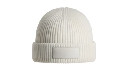 A cozy off white ribbed knit beanie hat with a folded brim and a blank patch for branding isolated on transparent background