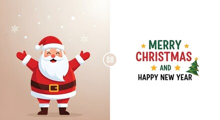 Cheerful cartoon Santa Claus with outstretched arms and Merry Christmas Happy New Year greeting.