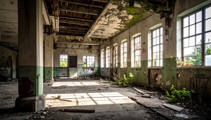 Abandoned Industrial Building Interior with Sunlight Streaming Through Windows.
