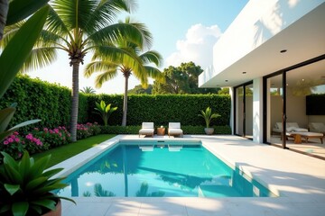 Fototapeta premium Modern tropical oasis featuring a pristine swimming pool, lush landscaping, and minimalist architecture.