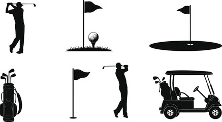 Golf silhouettes vector set, golfer swing illustration, golf cart and clubs icons, sports equipment collection, driving range and putting green design