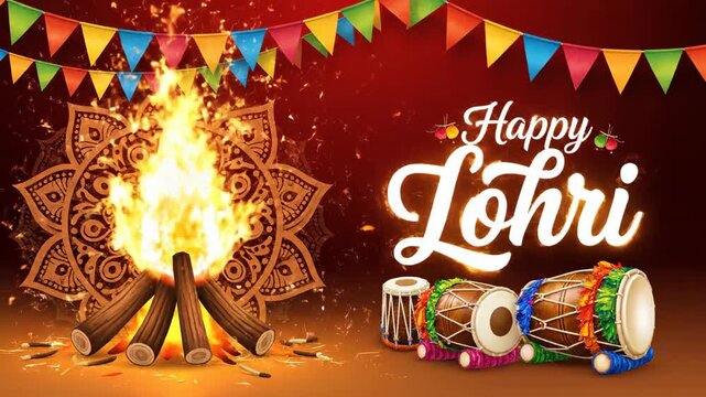 Happy Lohri Animation 4k Traditional Bonfire Celebration with Festive Drums & Bunting, a Vibrant Cultural Holiday Illustration
