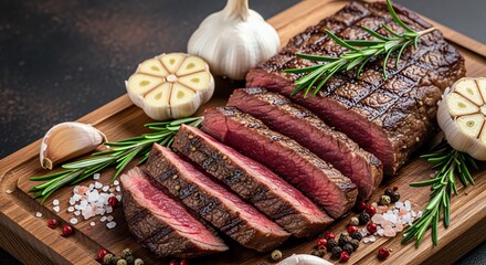 Delicious Sliced Steak with Rosemary and Garlic on a Wooden Board