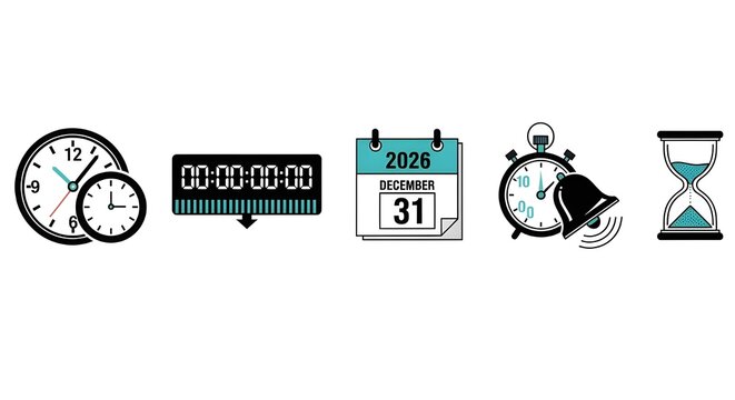 Time and New Year 2026 Countdown Icon Set: Clocks, December 31 Calendar, Digital Stopwatch, Alarm Clock, and Hourglass (Vector Illustration)