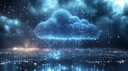 Cloud storage visualized as a digital waterfall, with cascading data streams flowing downward in glowing layers to represent information transfer, depth, and seamless connectivity.