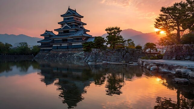 Matsumoto castle at sunset with reflection in the water.