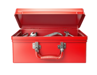 Open red toolbox isolated on transparent background, filled with various tools, offering a glimpse into the world of repair, maintenance, and craftsmanship
