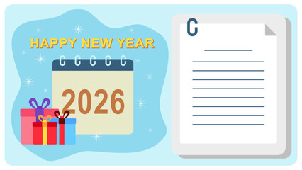 Happy New Year Background. 2026 Number With Stars, Gift Boxes and Happy New Year Lettering Isolated blue background. New Year Greeting Template For Social Media and Typography. Holidays concept.